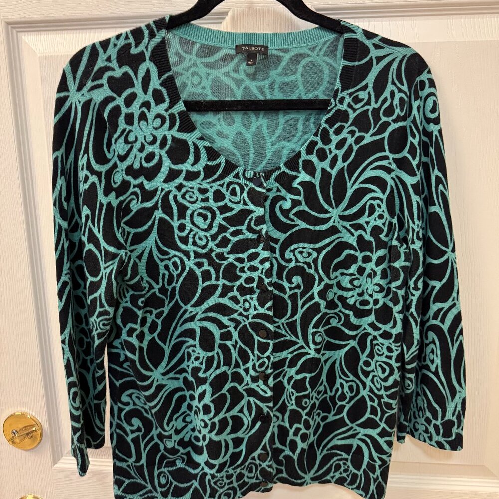 Talbots  Teal & Black, short, light weight, cardigan sweater. Size Lg